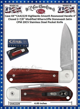 W.R. Case & Sons Cutlery CA42229 Case XX� Highbanks Smooth Rosewood Handle 4" Closed 2-7/8" Modified Wharncliffe Plane Blade Stonewash Satin CPM 20CV Stainless Steel Pocket Knife