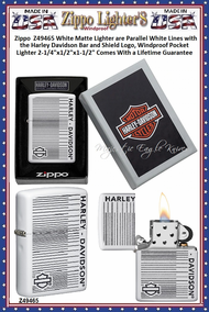 Zippo Windproof Lighter Z49465 Zippo White Matte Lighter are Parallel White Lines with the Harley Davidson Bar and Shield Logo, Windproof Pocket Lighter 2-1/4"x1/2"x1-1/2" Comes With a Lifetime Guarantee Zippo Windproof Lighter Z49465 Zippo White Matte Lighter are Parallel White Lines with the Harley Davidson Bar and Shield Logo, Windproof Pocket Lighter 2-1/4"x1/2"x1-1/2" Comes With a Lifetime Guarantee