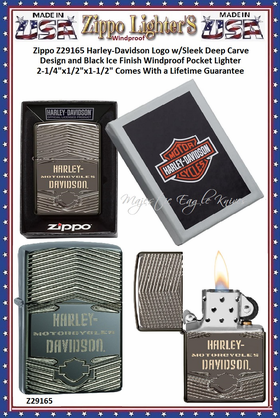 Zippo Windproof Lighter Z29165 Zippo Harley-Davidson Logo w/Sleek Deep Carve Design and Black Ice Finish Windproof Pocket Lighter 2-1/4"x1/2"x1-1/2" Comes With a Lifetime Guarantee 