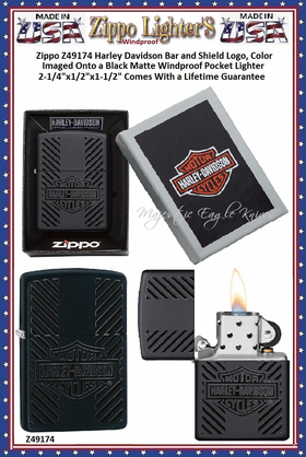 Zippo Windproof Lighter Z49174 Zippo Harley Davidson Bar and Shield Logo, Color Imaged Onto a Black Matte Windproof Pocket Lighter 2-1/4"x1/2"x1-1/2" Comes With a Lifetime Guarantee 