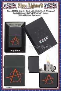 Zippo Windproof Lighter Z20842 Zippo Anarchy Black with Matte Finish Windproof Pocket Lighter 2-1/4"x1/2"x1-1/2" Comes With a Lifetime Guarantee Zippo Windproof Lighter Z20842 Zippo Anarchy Black with Matte Finish Windproof Pocket Lighter 2-1/4"x1/2"x1-1/2" Comes With a Lifetime Guarantee