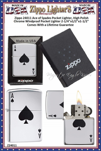 Zippo Windproof Lighter Z24011 Zippo Ace of Spades Pocket Lighter, High Polish Chrome Windproof Pocket Lighter 2-1/4"x1/2"x1-1/2" Comes With a Lifetime Guarantee Zippo Windproof Lighter Z24011 Zippo Ace of Spades Pocket Lighter, High Polish Chrome Windproof Pocket Lighter 2-1/4"x1/2"x1-1/2" Comes With a Lifetime Guarantee