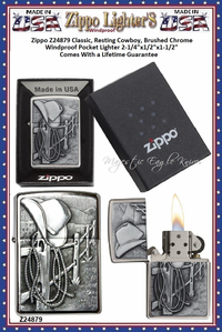 Zippo Windproof Lighter Z24879 Zippo Classic, Resting Cowboy, Brushed Chrome Windproof Pocket Lighter 2-1/4"x1/2"x1-1/2" Comes With a Lifetime Guarantee Zippo Windproof Lighter Z24879 Zippo Classic, Resting Cowboy, Brushed Chrome Windproof Pocket Lighter 2-1/4"x1/2"x1-1/2" Comes With a Lifetime Guarantee