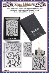 Zippo Windproof Lighter Z28530 Zippo Filigree Design with High Polished Chrome Finish Windproof Pocket Lighter 2-1/4"x1/2"x1-1/2" Comes With a Lifetime Guarantee Zippo Windproof Lighter Z28530 Zippo Filigree Design with High Polished Chrome Finish Windproof Pocket Lighter 2-1/4"x1/2"x1-1/2" Comes With a Lifetime Guarantee
