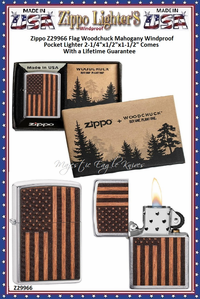 Zippo Windproof Lighter Z29966 Flag Woodchuck Mahogany Windproof Pocket Lighter 2-1/4"x1/2"x1-1/2" Comes With a Lifetime Guarantee Zippo Windproof Lighter Z29966 Flag Woodchuck Mahogany Windproof Pocket Lighter 2-1/4"x1/2"x1-1/2" Comes With a Lifetime Guarantee