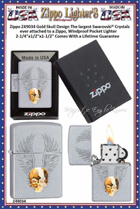 Zippo Windproof Lighter Z49034 Zippo Gold Skull Design The largest Swarovski® Crystals ever attached to a Zippo, Windproof Pocket Lighter 2-1/4"x1/2"x1-1/2" Comes With a Lifetime Guarantee Zippo Windproof Lighter Z49034 Zippo Gold Skull Design The largest Swarovski® Crystals ever attached to a Zippo, Windproof Pocket Lighter 2-1/4"x1/2"x1-1/2" Comes With a Lifetime Guarantee
