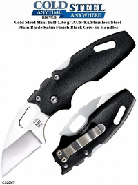 Cold Steel Knives CS20MT Mini Tuff Lite Folding Knife 2" Wharncliffe Plain Blade, Black Griv-Ex Handles