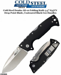  Cold Steel Knives CS28DD Demko AD-10 Folding Knife 3.5" S35VN Drop Point Blade, Contoured Black G10 Handles