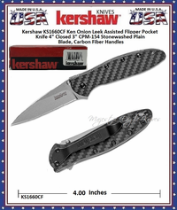 Kershaw Cutlery KS1660CF Ken Onion Leek Assisted Flipper Pocket Knife 4" Closed 3" CPM-154 Stonewashed Plain Blade, Carbon Fiber Handles Kershaw Cutlery KS1660CF Ken Onion Leek Assisted Flipper Pocket Knife 4" Closed 3" CPM-154 Stonewashed Plain Blade, Carbon Fiber Handles