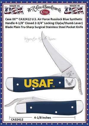 W.R. Case & Sons Cutlery CA32412 Case XX™ U.S. Air Force Russlock Blue Synthetic Handle 4-1/8" Closed 2-3/4" Locking Clip(w/thumb Lever) Blade Plain Tru-Sharp Surgical Stainless Steel Pocket Knife W.R. Case & Sons Cutlery CA32412 Case XX™ U.S. Air Force Russlock Blue Synthetic Handle 4-1/8" Closed 2-3/4" Locking Clip(w/thumb Lever) Blade Plain Tru-Sharp Surgical Stainless Steel Pocket Knife
