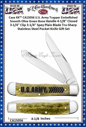 W.R. Case & Sons Cutlery CA15056 Case XX� U.S. Army Trapper Embellished Smooth Olive Green Bone Handle 4-1/8" Closed 3-1/4" Clip 3-1/4" Spey Plain Blade Tru-Sharp Stainless Steel Pocket Knife Gift Set