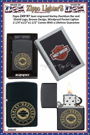 Zippo Windproof Lighter Z49197 Zippo laser engraved Harley-Davidson Bar and Shield Logo, Bronze Design, Windproof Pocket Lighter 2-1/4"x1/2"x1-1/2" Comes With a Lifetime Guarantee Zippo Windproof Lighter Z49197 Zippo laser engraved Harley-Davidson Bar and Shield Logo, Bronze Design, Windproof Pocket Lighter 2-1/4"x1/2"x1-1/2" Comes With a Lifetime Guarantee