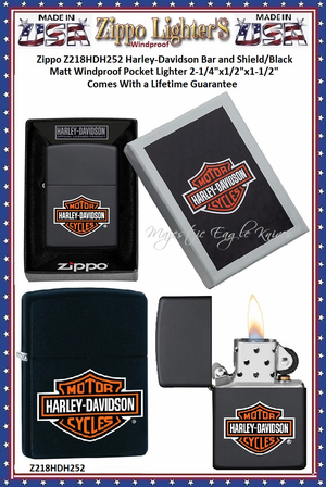 Zippo Windproof Lighter Z218HDH252 Zippo Harley-Davidson Bar and Shield/Black Matt Windproof Pocket Lighter 2-1/4"x1/2"x1-1/2" Comes With a Lifetime Guarantee     