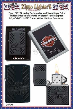 Zippo Windproof Lighter Z49174 Zippo Harley Davidson Bar and Shield Logo, Color Imaged Onto a Black Matte Windproof Pocket Lighter 2-1/4"x1/2"x1-1/2" Comes With a Lifetime Guarantee 