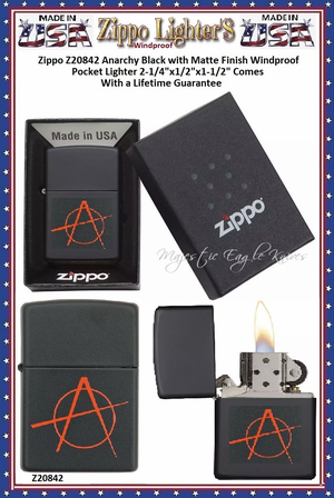 Zippo Windproof Lighter Z20842 Zippo Anarchy Black with Matte Finish Windproof Pocket Lighter 2-1/4"x1/2"x1-1/2" Comes With a Lifetime Guarantee Zippo Windproof Lighter Z20842 Zippo Anarchy Black with Matte Finish Windproof Pocket Lighter 2-1/4"x1/2"x1-1/2" Comes With a Lifetime Guarantee