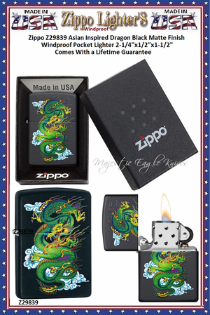 Zippo Windproof Lighter Z29839 Zippo Asian Inspired Dragon Black Matte Finish Windproof Pocket Lighter 2-1/4"x1/2"x1-1/2" Comes With a Lifetime Guarantee Zippo Windproof Lighter Z29839 Zippo Asian Inspired Dragon Black Matte Finish Windproof Pocket Lighter 2-1/4"x1/2"x1-1/2" Comes With a Lifetime Guarantee