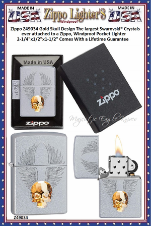 Zippo Windproof Lighter Z49034 Zippo Gold Skull Design The largest Swarovski® Crystals ever attached to a Zippo, Windproof Pocket Lighter 2-1/4"x1/2"x1-1/2" Comes With a Lifetime Guarantee Zippo Windproof Lighter Z49034 Zippo Gold Skull Design The largest Swarovski® Crystals ever attached to a Zippo, Windproof Pocket Lighter 2-1/4"x1/2"x1-1/2" Comes With a Lifetime Guarantee