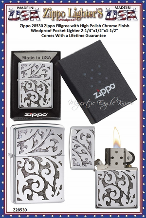 Zippo Windproof Lighter Z28530 Zippo Filigree Design with High Polished Chrome Finish Windproof Pocket Lighter 2-1/4"x1/2"x1-1/2" Comes With a Lifetime Guarantee    