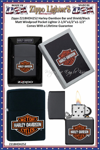 Zippo Windproof Lighter Z218HDH252 Zippo Harley-Davidson Bar and Shield/Black Matt Windproof Pocket Lighter 2-1/4"x1/2"x1-1/2" Comes With a Lifetime Guarantee     
