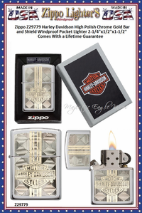 Zippo Windproof Lighter Z29779 Zippo Harley Davidson High Polish Chrome Gold Bar and Shield Windproof Pocket Lighter 2-1/4"x1/2"x1-1/2" Comes With a Lifetime Guarantee 