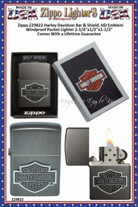 Zippo Windproof Lighter Z29822 Zippo Harley Davidson Bar & Shield, HD Emblem Windproof Pocket Lighter 2-1/4"x1/2"x1-1/2" Comes With a Lifetime Guarantee  