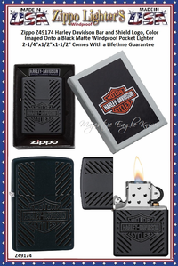 Zippo Windproof Lighter Z49174 Zippo Harley Davidson Bar and Shield Logo, Color Imaged Onto a Black Matte Windproof Pocket Lighter 2-1/4"x1/2"x1-1/2" Comes With a Lifetime Guarantee 