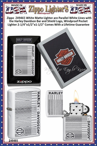 Zippo Windproof Lighter Z49465 Zippo White Matte Lighter are Parallel White Lines with the Harley Davidson Bar and Shield Logo, Windproof Pocket Lighter 2-1/4"x1/2"x1-1/2" Comes With a Lifetime Guarantee 