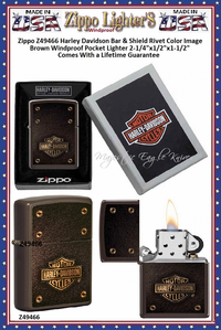 Zippo Windproof Lighter Z49466 Zippo Harley Davidson Bar & Shield Rivet Color Image Brown Windproof Pocket Lighter 2-1/4"x1/2"x1-1/2" Comes With a Lifetime Guarantee 