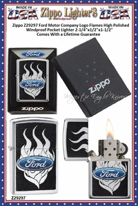 Zippo Windproof Lighter Z29297 Zippo Ford Motor Company Logo Flames High Polished Windproof Pocket Lighter 2-1/4"x1/2"x1-1/2" Comes With a Lifetime Guarantee 