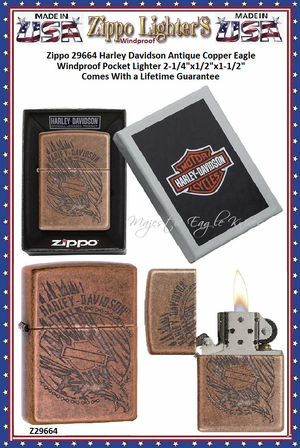 Zippo Windproof Lighter 29664 Zippo Harley Davidson Antique Copper Eagle Windproof Pocket Lighter 2-1/4"x1/2"x1-1/2" Comes With a Lifetime Guarantee 