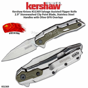 Kershaw Knives KS1369 Salvage Assisted Flipper Pocket Knife 2.9" Stonewashed Clip Point Plain Blade, Stainless Steel Handles with Olive GFN Overlays Kershaw Knives KS1369 Salvage Assisted Flipper Pocket Knife 2.9" Stonewashed Clip Point Plain Blade, Stainless Steel Handles with Olive GFN Overlays