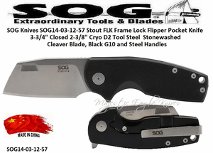 SOG Knives SOG14-03-12-57 Stout FLK Frame Lock Flipper Pocket Knife 3-3/4" Closed 2-3/8" Cryo D2 Tool Steel  Stonewashed Cleaver Blade, Black G10 and Steel Handles 