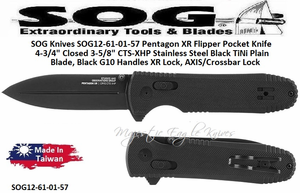 SOG Knives SOG12-61-01-57 Pentagon XR Flipper Pocket Knife 4-3/4" Closed 3-5/8" CTS-XHP Stainless Steel Black TiNi Plain Blade, Black G10 Handles XR Lock, AXIS/Crossbar Lock 