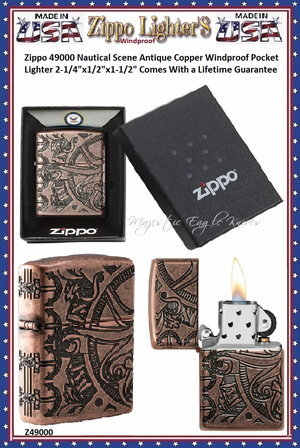 Zippo Windproof Lighter Z49000 Zippo Nautical Scene Antique Copper Windproof Pocket Lighter 2-1/4"x1/2"x1-1/2" Comes With a Lifetime Guarantee 