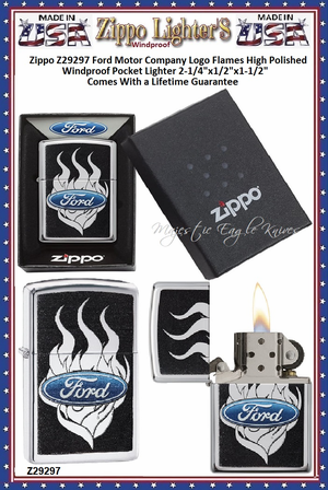 Zippo Windproof Lighter Z29297 Zippo Ford Motor Company Logo Flames High Polished Windproof Pocket Lighter 2-1/4"x1/2"x1-1/2" Comes With a Lifetime Guarantee 