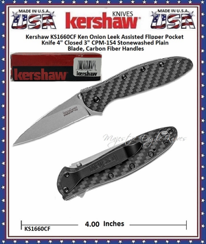Kershaw Cutlery KS1660CF Ken Onion Leek Assisted Flipper Pocket Knife 4" Closed 3" CPM-154 Stonewashed Plain Blade, Carbon Fiber Handles Kershaw Cutlery KS1660CF Ken Onion Leek Assisted Flipper Pocket Knife 4" Closed 3" CPM-154 Stonewashed Plain Blade, Carbon Fiber Handles
