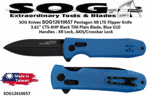SOG Knives SOG Knives SOG12-61-06-57 Pentagon XR LTE Flipper Knife 3.61" CTS-XHP Black TiNi Plain Blade, Blue G10 Handles - XR Lock, AXIS/Crossbar Lock