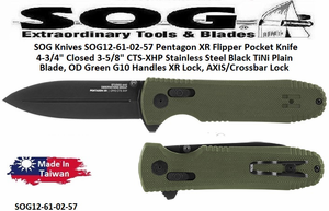 SOG Knives SOG12-61-02-57 Pentagon XR Flipper Pocket Knife 4-3/4" Closed 3-5/8" CTS-XHP Stainless Steel Black TiNi Plain Blade, OD Green G10 Handles XR Lock, AXIS/Crossbar Lock SOG Knives SOG12-61-02-57 Pentagon XR Flipper Pocket Knife 4-3/4" Closed 3-5/8" CTS-XHP Stainless Steel Black TiNi Plain Blade, OD Green G10 Handles XR Lock, AXIS/Crossbar Lock