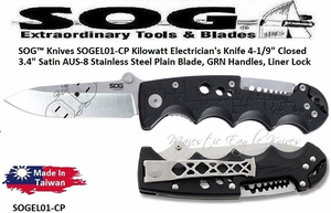 SOG™ Knives SOGEL01-CP Kilowatt Electrician's Knife 4-1/9" Closed 3-3/8" Satin AUS-8 Stainless Steel Plain Blade, GRN Handles, Liner Lock SOG™ Knives SOGEL01-CP Kilowatt Electrician's Knife 4-1/9" Closed 3-3/8" Satin AUS-8 Stainless Steel Plain Blade, GRN Handles, Liner Lock