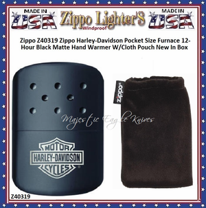 Zippo Windproof Lighter Z40319 Zippo Harley-Davidson Pocket Size Furnace 12-Hour Black Matte Hand Warmer W/Cloth Pouch New In Box