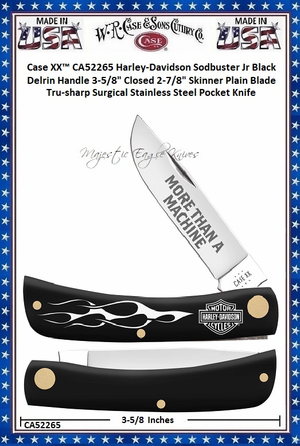 W.R. Case & Sons Cutlery CA52265 Case XX� Harley-Davidson Sodbuster Jr Black Delrin Handle 3-5/8" Closed 2-7/8" Skinner Plain Blade Tru-sharp Surgical Stainless Steel Pocket Knife 