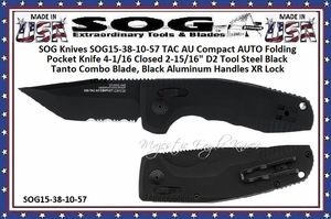 SOG Knives SOG15-38-10-57 TAC AU Compact AUTO Folding Pocket Knife 4-1/16 Closed 2-15/16" D2 Tool Steel Black Tanto Combo Blade, Black Aluminum Handles XR Lock SOG Knives SOG15-38-10-57 TAC AU Compact AUTO Folding Pocket Knife 4-1/16 Closed 2-15/16" D2 Tool Steel Black Tanto Combo Blade, Black Aluminum Handles XR Lock