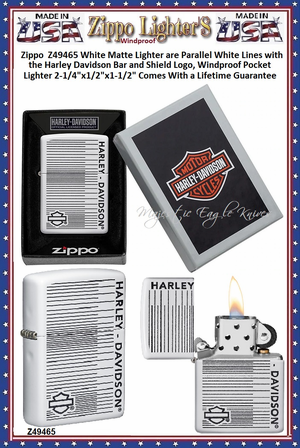 Zippo Windproof Lighter Z49465 Zippo White Matte Lighter are Parallel White Lines with the Harley Davidson Bar and Shield Logo, Windproof Pocket Lighter 2-1/4"x1/2"x1-1/2" Comes With a Lifetime Guarantee Zippo Windproof Lighter Z49465 Zippo White Matte Lighter are Parallel White Lines with the Harley Davidson Bar and Shield Logo, Windproof Pocket Lighter 2-1/4"x1/2"x1-1/2" Comes With a Lifetime Guarantee