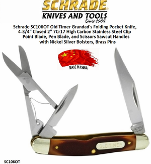 Schrade Knives SC106OT Old Timer Grandad's Folding Pocket Knife, 4-3/4" Closed 2" 7Cr17 High Carbon Stainless Steel Clip Point Blade, Pen Blade, and Scissors Sawcut Handles with Nickel Silver Bolsters, Brass Pins