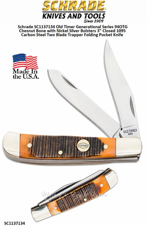 Schrade Knives SC1137134 Old Timer Generational Series 94OTG 3" Closed Chesnut Bone Handle w/Nickel Silver Bolsters, 1095 Carbon Steel 2 Blade Trapper Folding Pocket Knife Schrade Knives SC1137134 Old Timer Generational Series 94OTG 3" Closed Chesnut Bone Handle w/Nickel Silver Bolsters, 1095 Carbon Steel 2 Blade Trapper Folding Pocket Knife