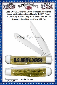 W.R. Case & Sons Cutlery CA15056 Case XX™ U.S. Army Trapper Embellished Smooth Olive Green Bone Handle 4-1/8" Closed 3-1/4" Clip 3-1/4" Spey Plain Blade Tru-Sharp Stainless Steel Pocket Knife Gift Set W.R. Case & Sons Cutlery CA15056 Case XX™ U.S. Army Trapper Embellished Smooth Olive Green Bone Handle 4-1/8" Closed 3-1/4" Clip 3-1/4" Spey Plain Blade Tru-Sharp Stainless Steel Pocket Knife Gift Set