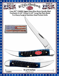 W.R. Case & Son's Cutlery CA6892 Case XX� Jigged Navy Blue Bone Handle Med Toothpick 4-1/4" Closed 3-1/2" Long Clip Plain Blade Tru-Sharp Surgical Stainless Steel Pocket Knife