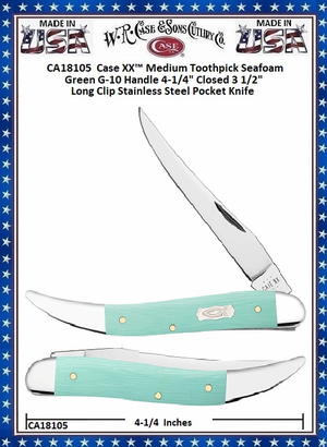 W.R. Case & Sons Cutlery CA18105  Case XX� Medium Toothpick Seafoam Green G-10 Handle 4-1/4" Closed 3 1/2" Long Clip Stainless Steel Pocket Knife