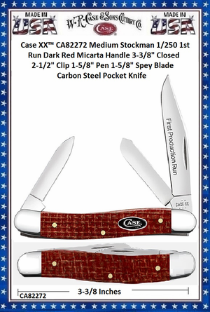 W.R. Case & Sons Cutlery CA82272 Case XX� Medium Stockman 1st Run Dark Red Micarta Carbon Steel 1/250 Pocket Knife 
