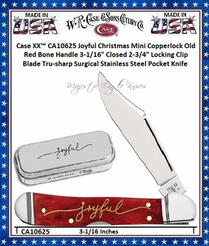 W.R. Case & Sons Cutlery CA10625 Case XX� Joyful Christmas Mini Copperlock Old Red Bone Handle 3-1/16" Closed 2-3/4" Locking Clip Plain Blade Tru-sharp Surgical Stainless Steel Pocket Knife 